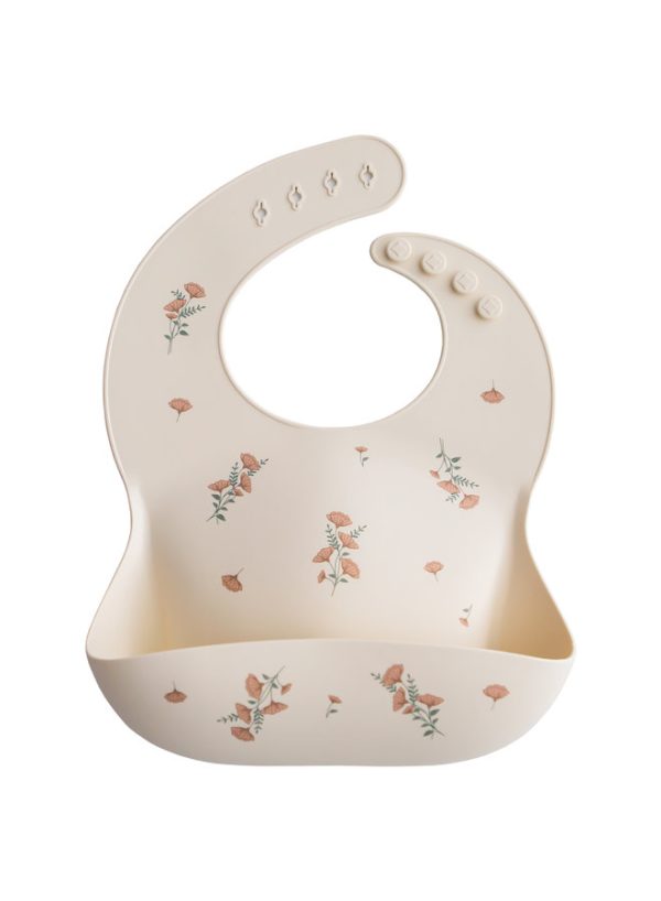 Mushie Siliconen Bib Slabbetje – Pink Flowers ivory Mushie